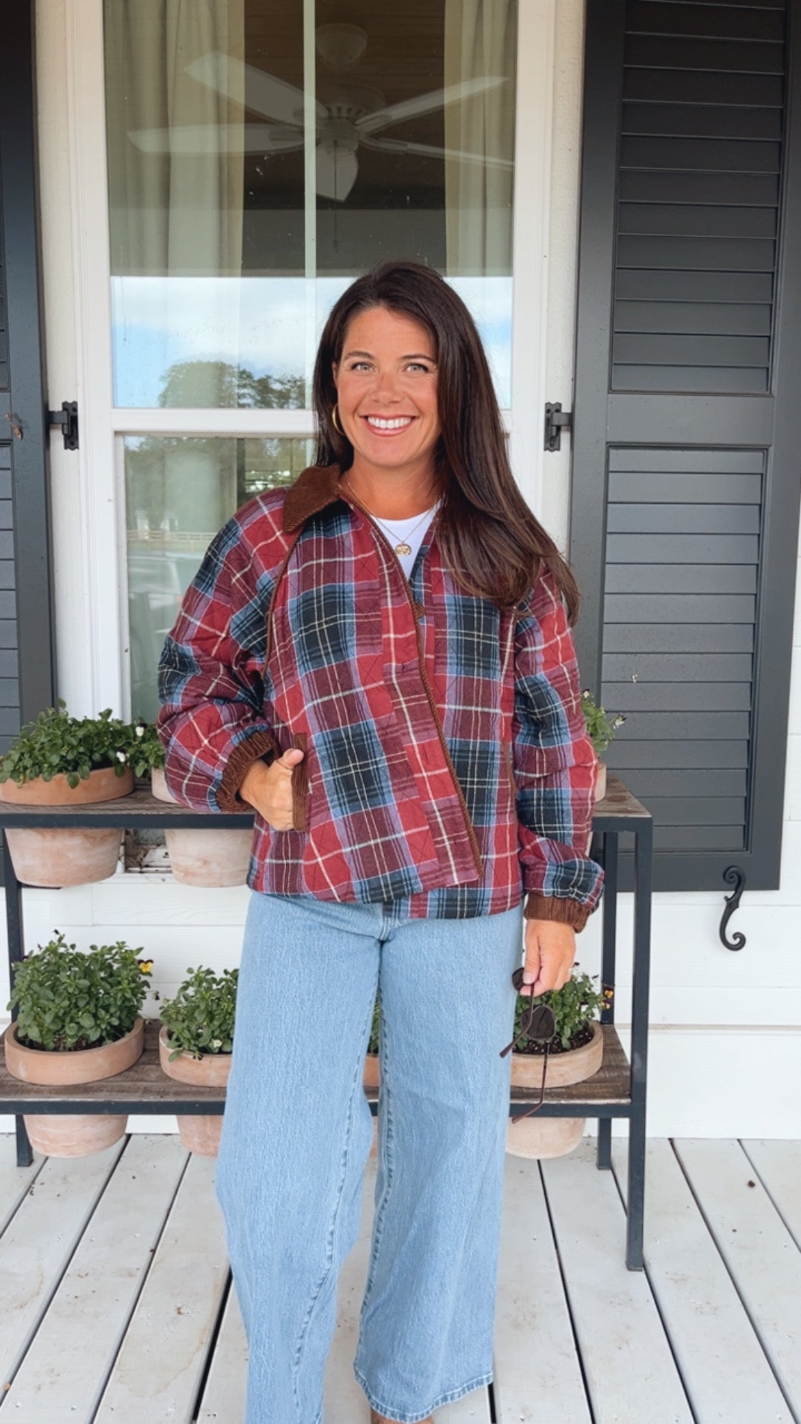 PLAID QUILTED JACKET WITH CONTRAST CORDUROY DETAIL