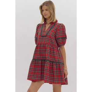 Plaid print v-neck mini dress