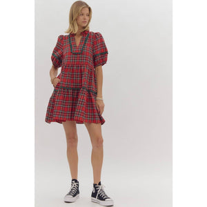 Plaid print v-neck mini dress