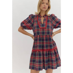 Plaid print v-neck mini dress