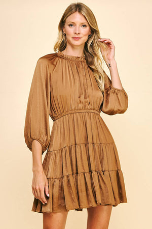 TIERED SATIN MINI DRESS - MOCHA