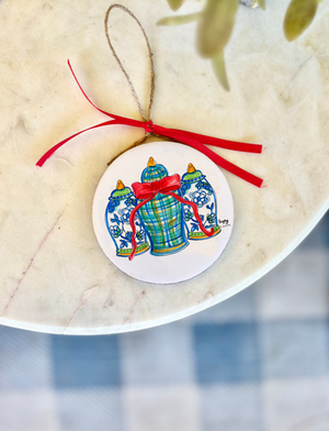 Blue and White Ginger Jar Trio Ornament-Wood and Enamel