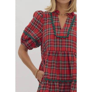 Plaid print v-neck mini dress