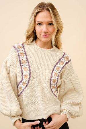 Crochet Inset Balloon Sleeve Sweater