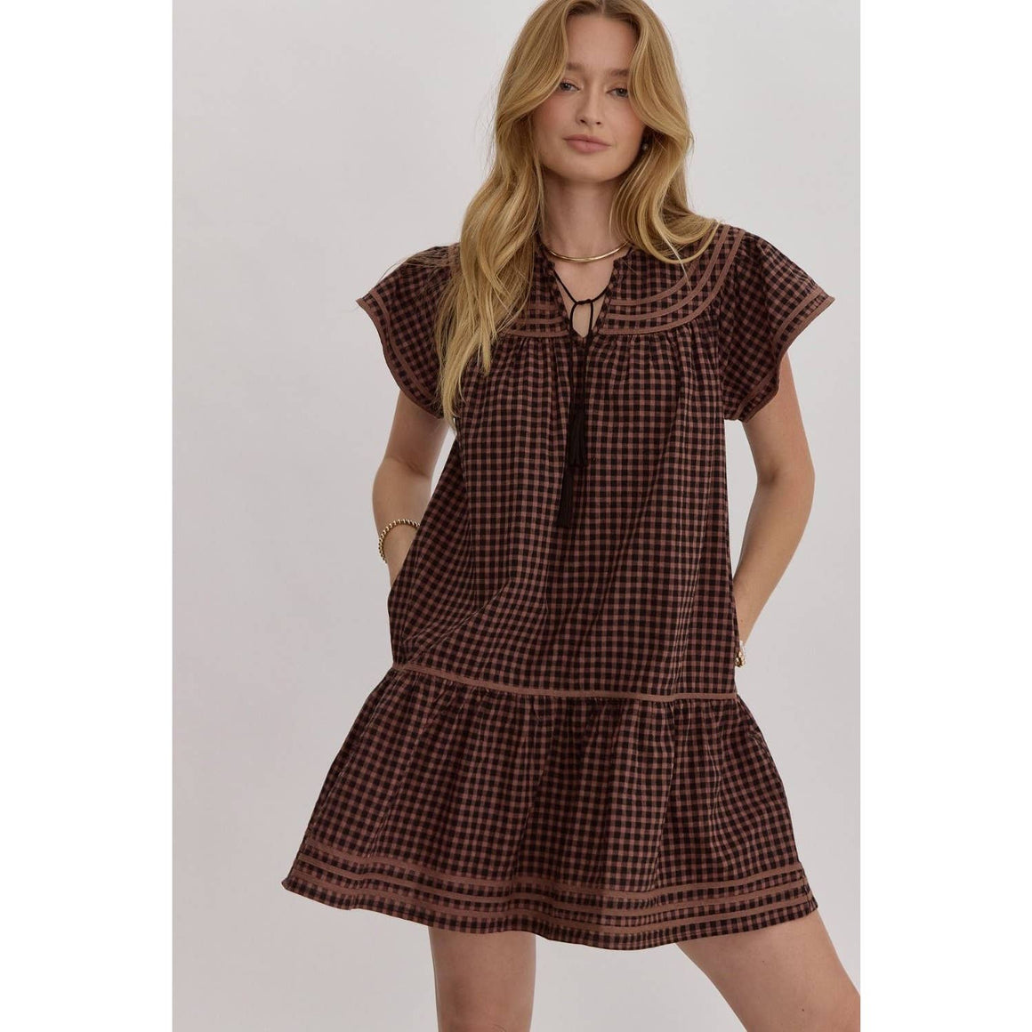 Gingham v-neck mini dress