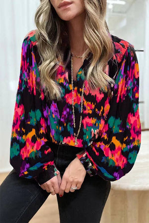 Tie Dye Abstract Print Lantern Sleeves Blouse