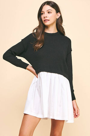 KNIT WOVEN COMBI MINI DRESS - BLACK