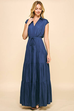 SLEEVELESS TIERED MAXI DRESS - DUSTY NAVY