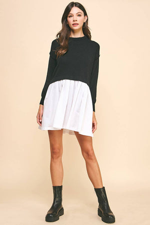 KNIT WOVEN COMBI MINI DRESS - BLACK