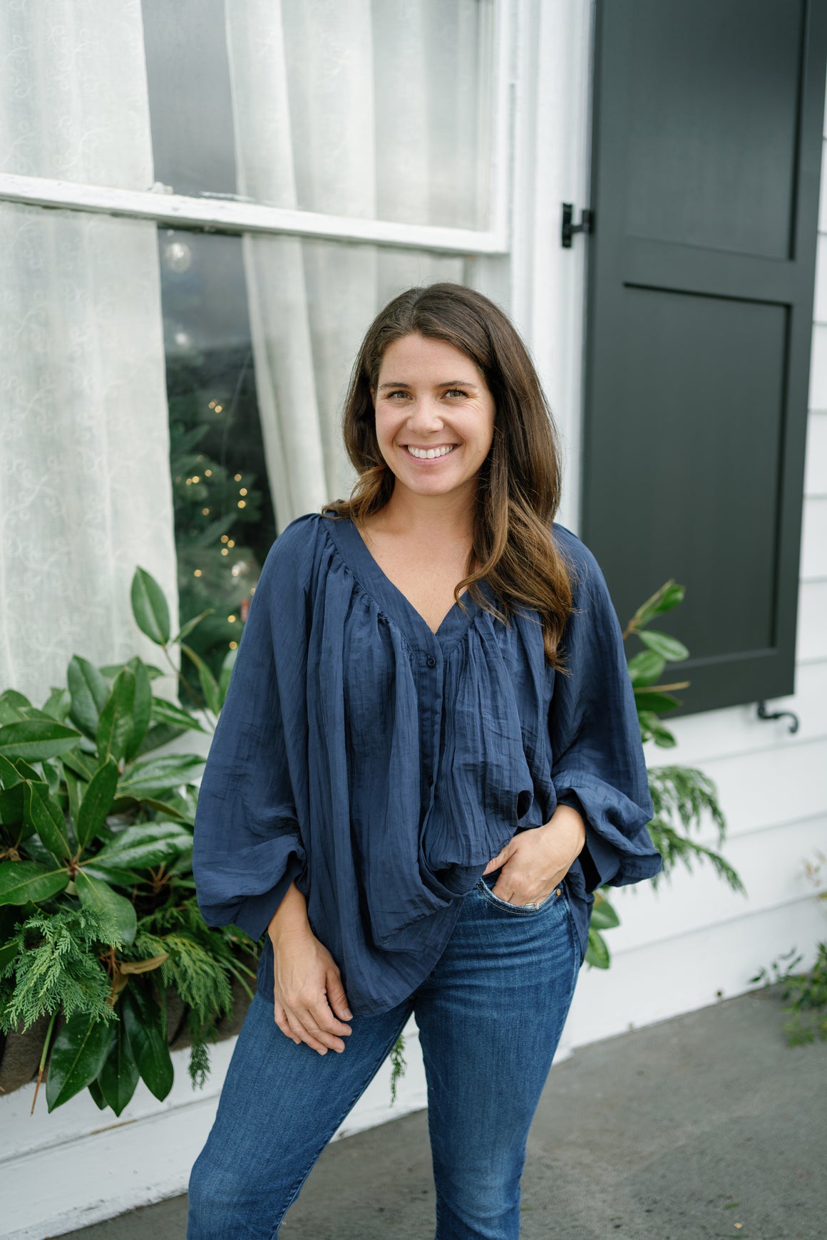 Navy Balloon Sleeve Blouse