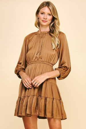 TIERED SATIN MINI DRESS - MOCHA