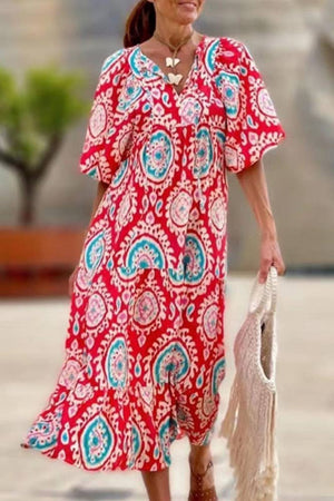 Printed V Neck Bubble Sleeves Ruffles Maxi Dress