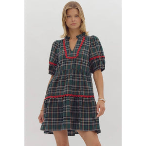 Plaid print v-neck mini dress