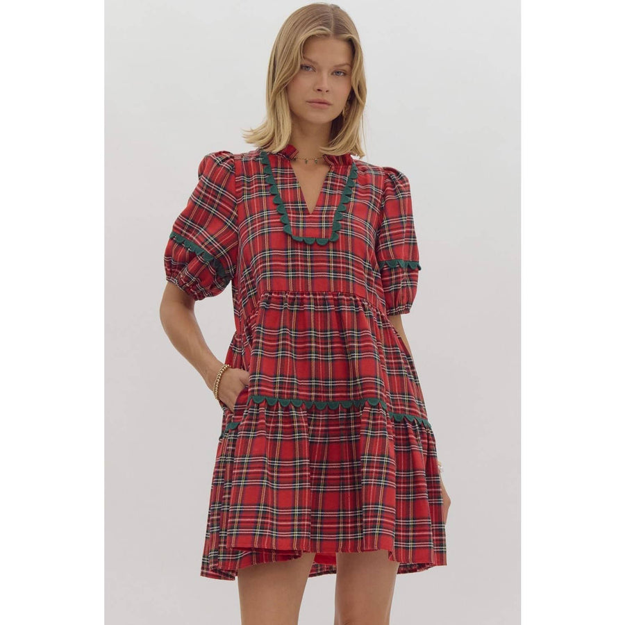 Plaid print v-neck mini dress