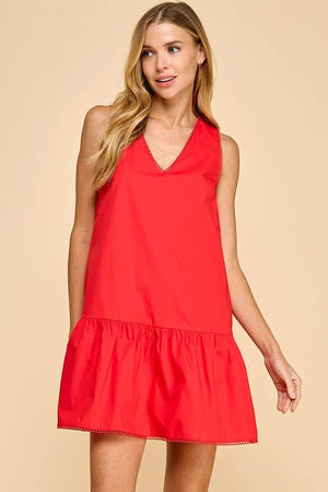 V Neckline Dropped Waist Poplin Dress