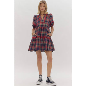 Plaid print v-neck mini dress