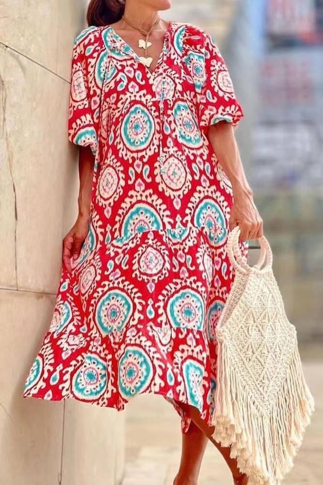 Printed V Neck Bubble Sleeves Ruffles Maxi Dress