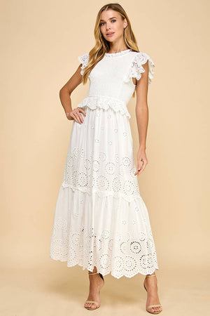 Eyelet Lace Scalloped Hem Ruffle Detail Dress