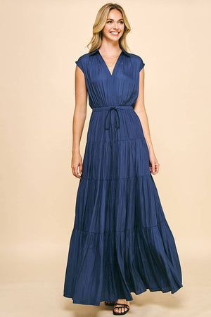 SLEEVELESS TIERED MAXI DRESS - DUSTY NAVY