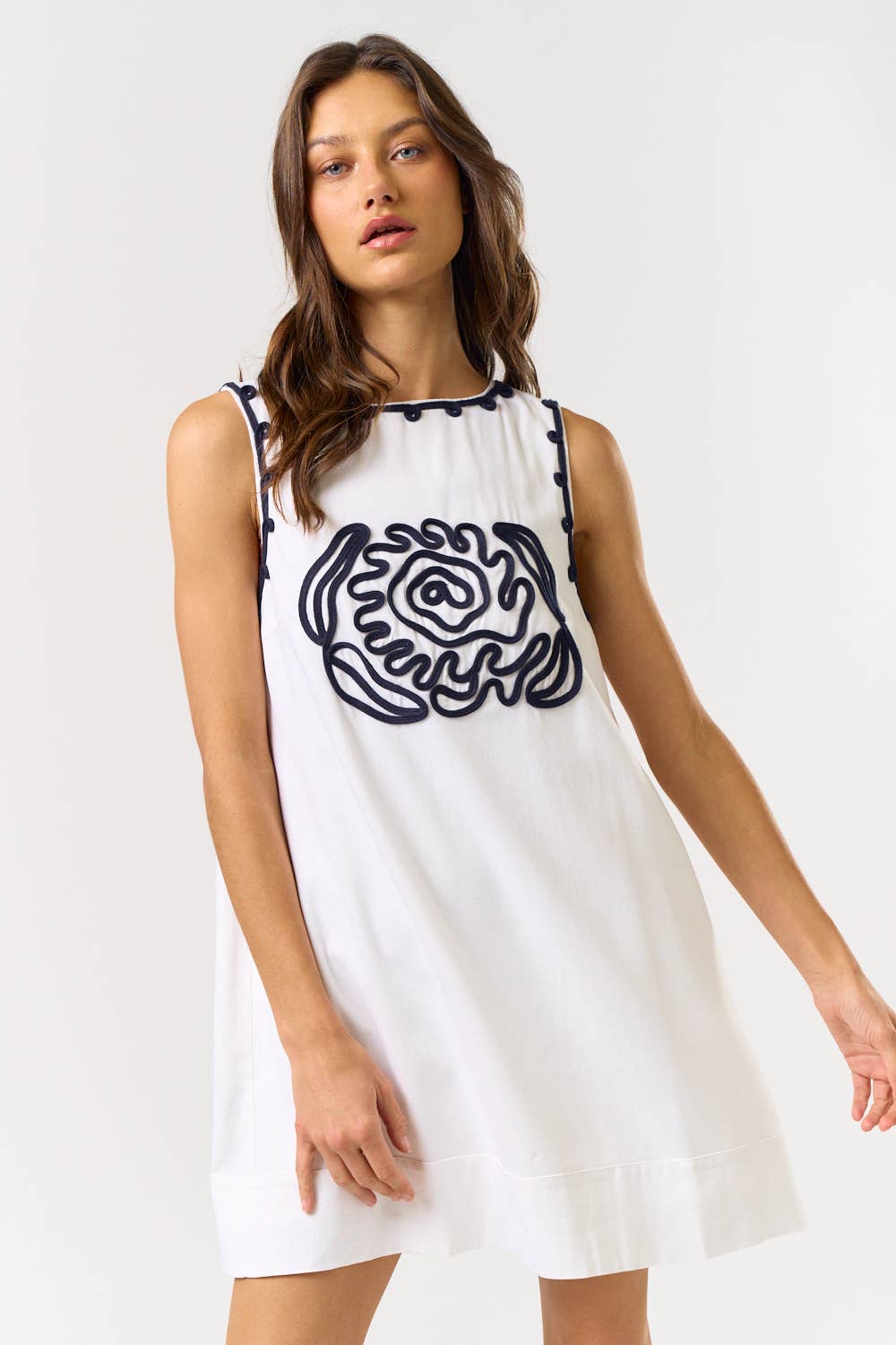 BOAT NECK EMBROIDERED SHIFT DRESS