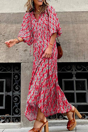 Printed V Neck Bubble Sleeves Ruffles Maxi Dress