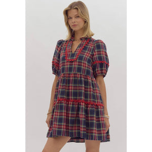 Plaid print v-neck mini dress