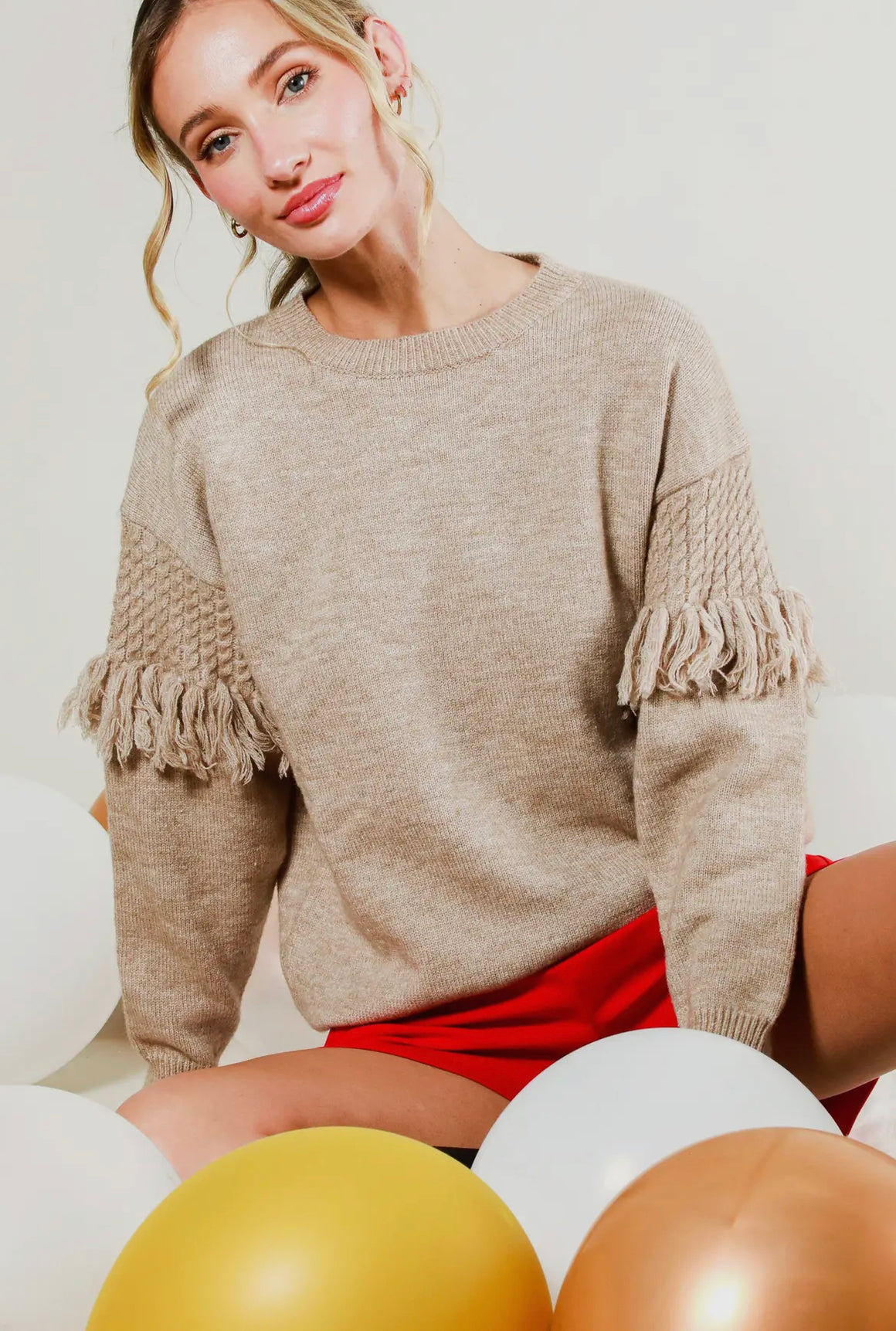 Taupe Fringe Sleeve Sweater