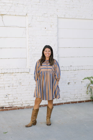 Stripe print Babydoll sleeve mini dress