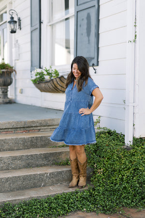 Acid Wash V Neck Tiered Denim Dress