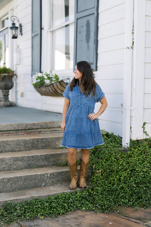 Acid Wash V Neck Tiered Denim Dress