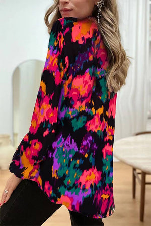 Tie Dye Abstract Print Lantern Sleeves Blouse