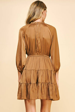 TIERED SATIN MINI DRESS - MOCHA