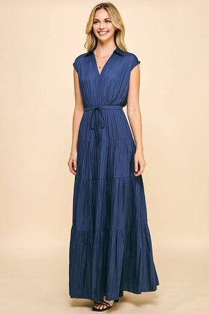 SLEEVELESS TIERED MAXI DRESS - DUSTY NAVY