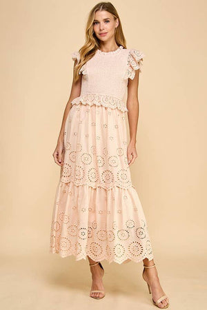 Eyelet Lace Scalloped Hem Ruffle Detail Dress