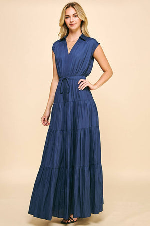 SLEEVELESS TIERED MAXI DRESS - DUSTY NAVY