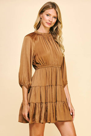 TIERED SATIN MINI DRESS - MOCHA