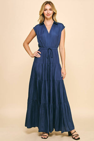 SLEEVELESS TIERED MAXI DRESS - DUSTY NAVY