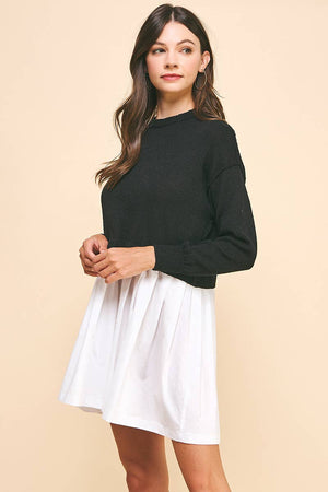 KNIT WOVEN COMBI MINI DRESS - BLACK