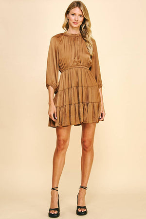 TIERED SATIN MINI DRESS - MOCHA