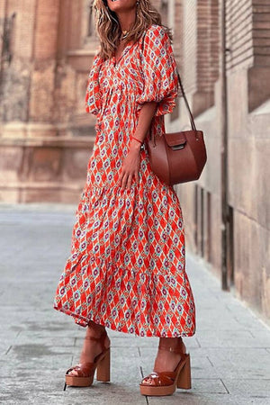 Printed V Neck Bubble Sleeves Ruffles Maxi Dress