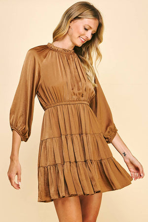 TIERED SATIN MINI DRESS - MOCHA