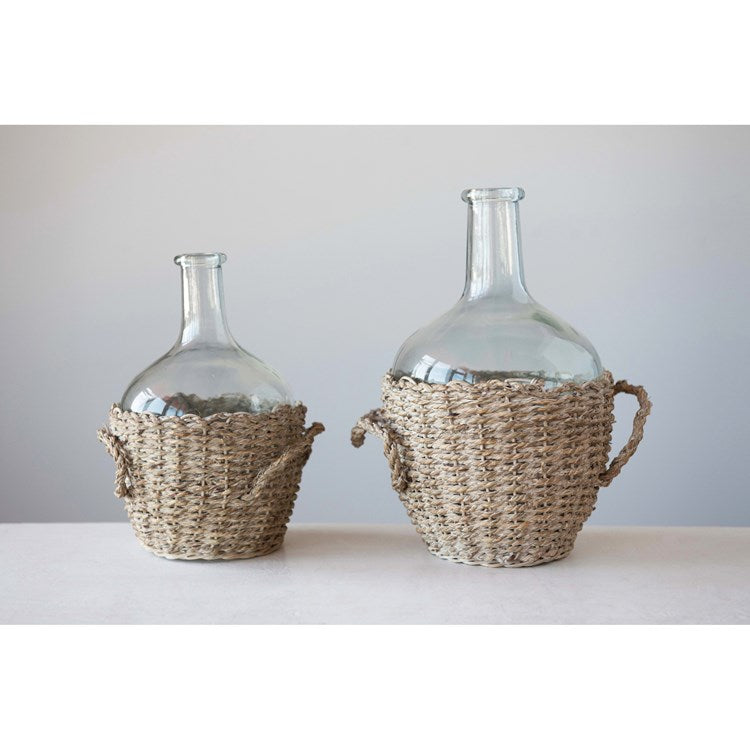 Large Glass Bottle with Woven Basket