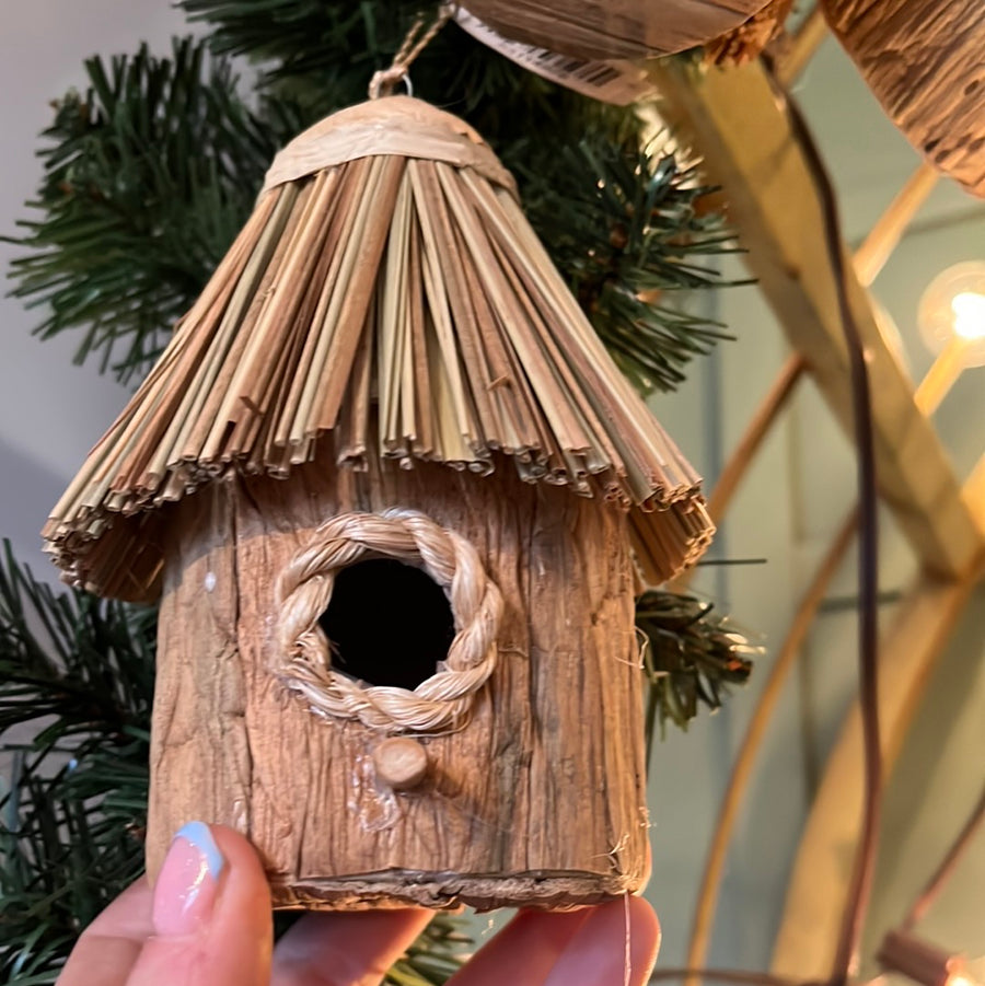 Grass and Wood Birdhouse Ornament