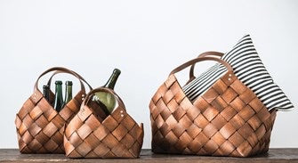 Woven Seagrass Baskets with Leather Handles, Set of 3